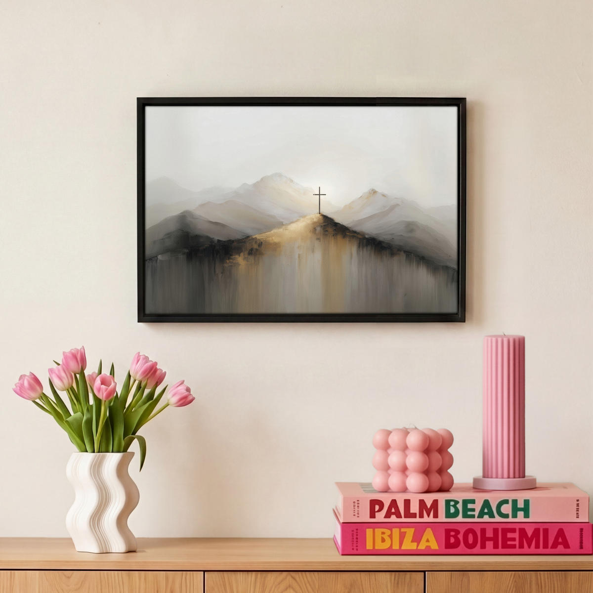 LEINWAND Bilder mit Rahmen - Hügel - Abstrakt - Kreuz - Christentum - 30x20 - Beige, Textil (30/20cm) - MuchoWow