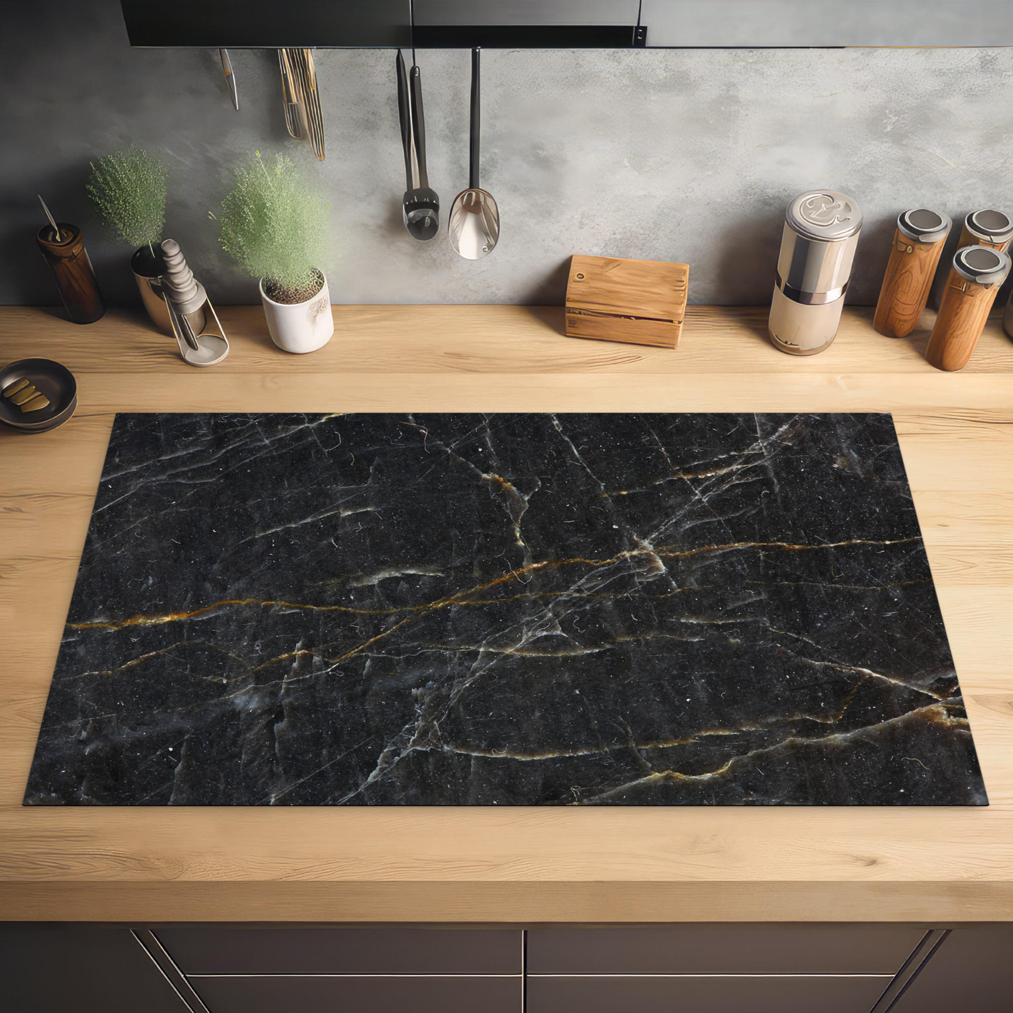 HERDABDECKPLATTE Marmor - Schwarz - Gold - Grau - Marmorstruktur 89x51 cm - Goldfarben, Kunststoff (89.6/0.2/51.6cm) - MuchoWow