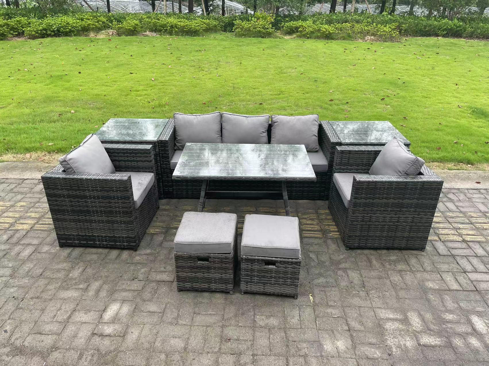 GARTENMÖBELSET mit 2 Hockern 7-Sitzer Grau - Dunkelgrau/Grau, Glas/Kunststoff - Fimous