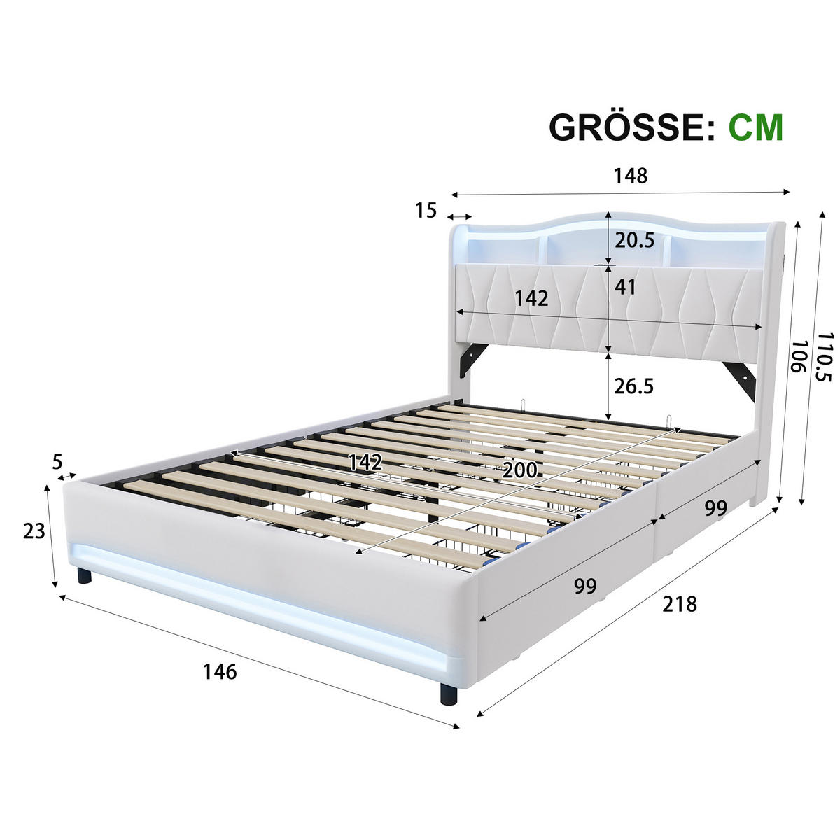 POLSTERBETT 140x200 mit stauraum, doppelbett mit LED, 4 Schubladen, Lattenrost, USB, Kopfteil, Samtstoff, Beige - Beige, Holz/Textil (140/200cm) - GENKI LIVING