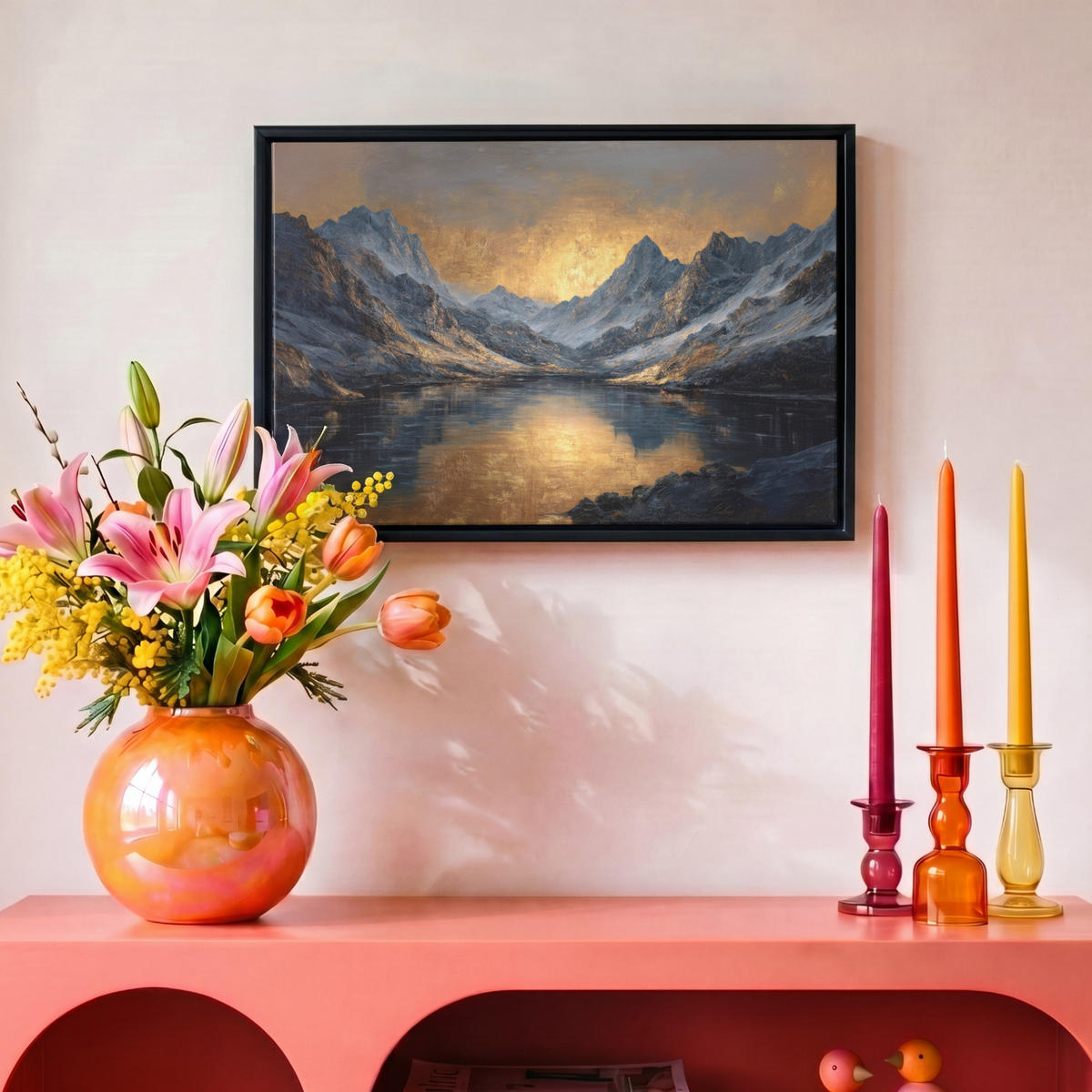 LEINWAND Bilder mit Rahmen - Bergkulisse mit goldenem Sonnenuntergang - 30x20 - Goldfarben, Textil (30/20cm) - MuchoWow