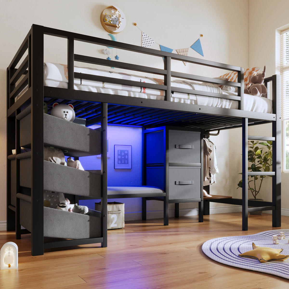 HALBHOHES BETT 90x200cm Schwarz Metall LED-Licht Sitzkissen - Schwarz, Metall (90/200cm) - FLIEKS