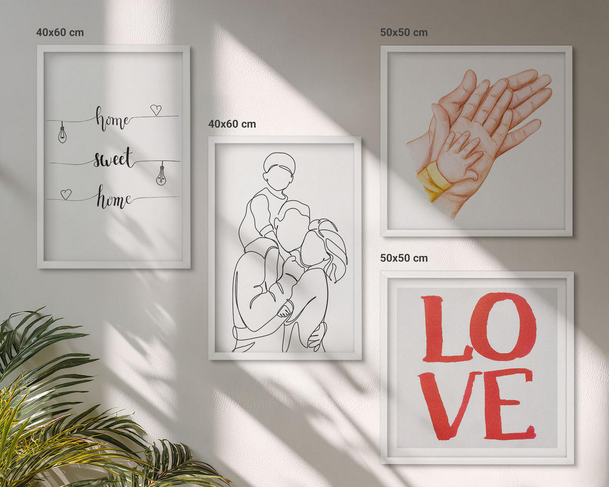 WANDBILDER 4er-Set - 50x50 cm & 40x60 cm Weißer Rahmen - Familienillustrationen Hausschilder - Weiß, Kunststoff (50/50cm) - ArtPrintCave