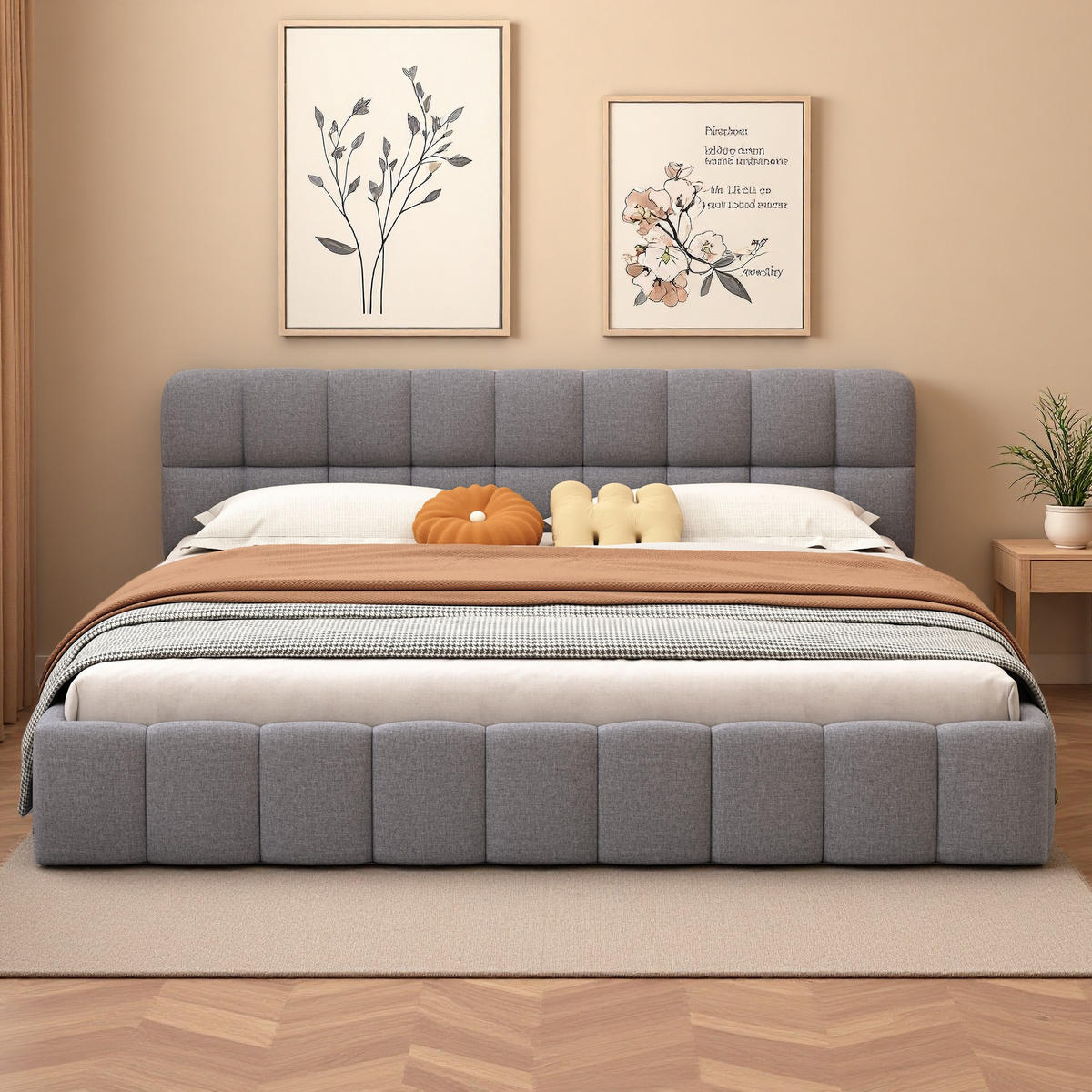 POLSTERBETT 160x200 cm Bubble Design Lattenrost Rückenlehne Leinen grau - Grau, Holz (160/200cm) - LEBENLANG