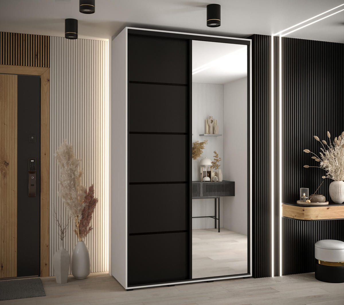 SCHWEBETÜRENSCHRANK 235,2/140/45 2-türig - Schwarz/Weiß, Holz/Metall (140/235/45cm) - Abiks Möbel