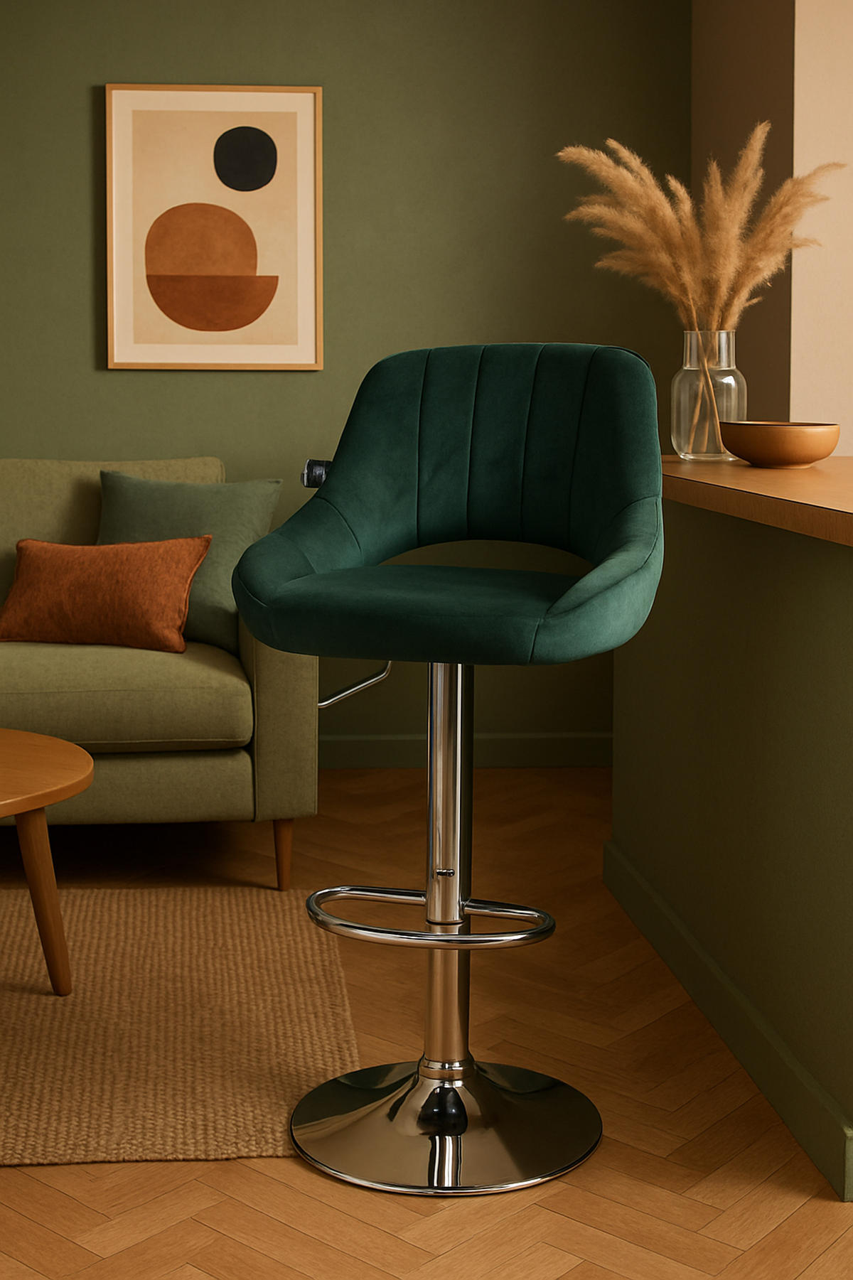 BARHOCKER Milos Samt chrom grün - Chromfarben/Grün, Textil/Metall (47/106/48cm) - TPFLiving
