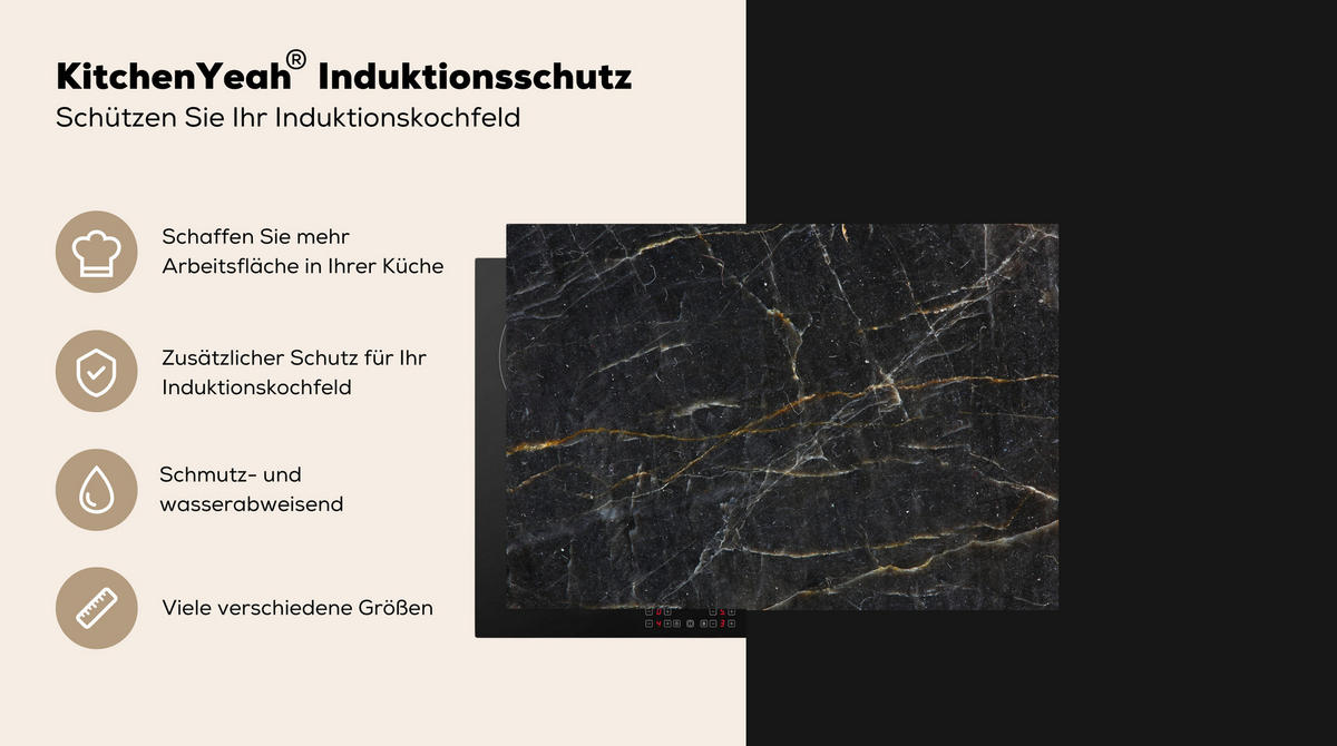 HERDABDECKPLATTE Marmor - Schwarz - Gold - Grau - Marmorstruktur 75x52 cm - Goldfarben, Kunststoff (75/0.2/52cm) - MuchoWow