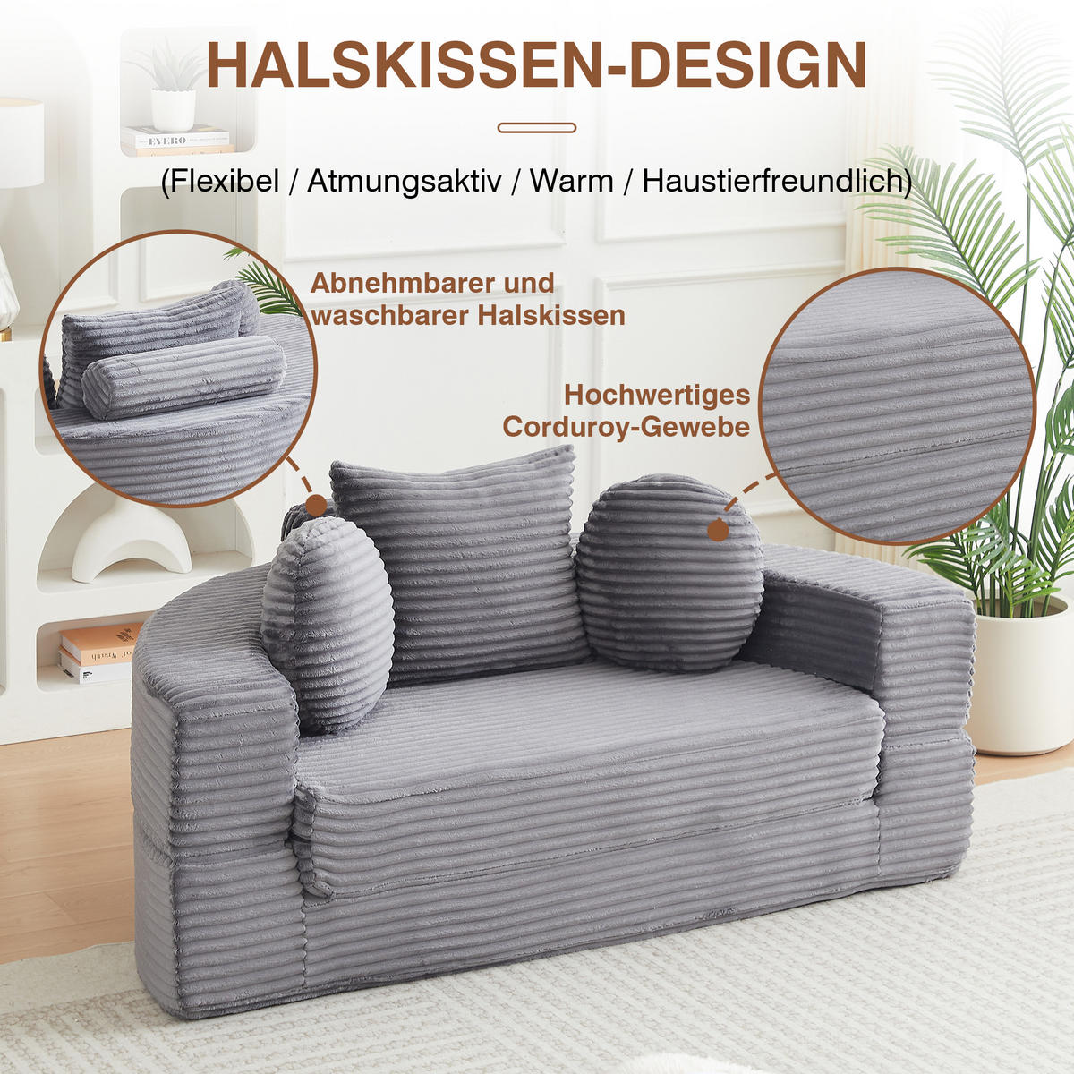 SCHLAFSOFA 4-in-1 halbrund/rund mit 3 Kissen, DE-42726, Grau - Grau, Textil (180/84/92cm) - ComfortXL