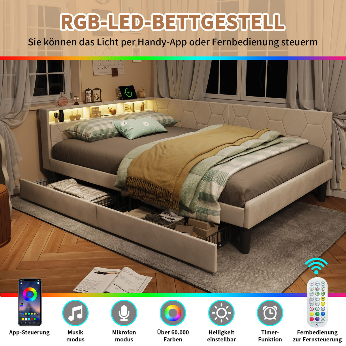 POLSTERBETT 140x200 cm, Stauraumkopf mit Ablagen, 2 Schubladen, LED und USB, Beige Samt - Beige, Holz (140/200cm) - BRILVERDE
