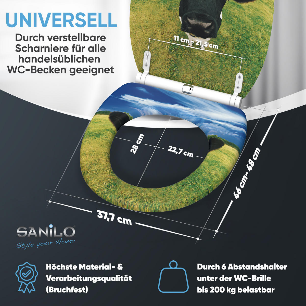 WC-SITZ mit Absenkautomatik & Top Fix Kuhkopf - Multicolor, Holzwerkstoff (37.7/5.5/48cm) - Sanilo