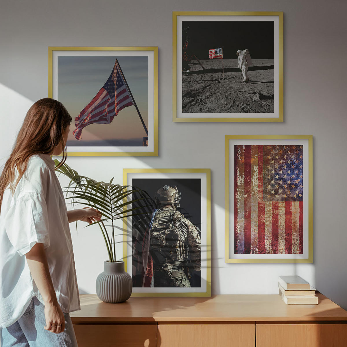 BILDER SET 4er Set - 50x50 cm & 40x60 cm Goldrahmen - Amerikanische Symbole, USA-Flagge - Goldfarben, Kunststoff (50/50cm) - TULUP