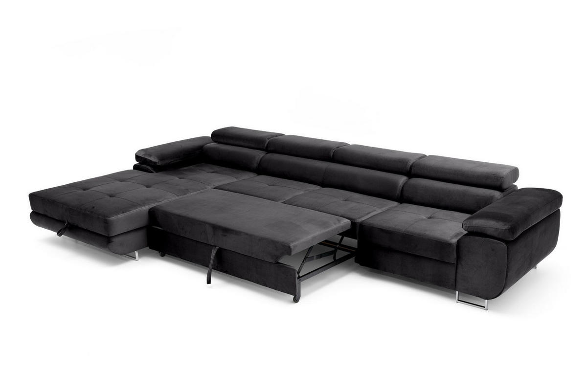 ECKSOFA ALONZO MAXI Links mit Schlaffunktion 125x195 Velours Schwarz - Silberfarben/Schwarz, Holz/Textil (350/203cm) - Muffo