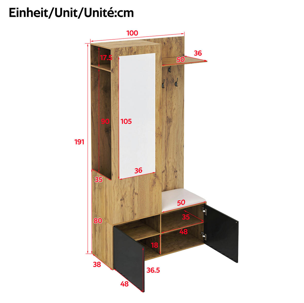 GARDEROBE 100/191/38 cm Schwarz/Natur aus MDF mit Spiegel und Schuhschrank - Schwarz, Holzwerkstoff (38/191/100cm) - OKMYHOME