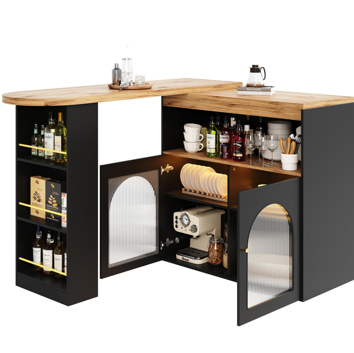BARTISCH aus MDF 138-193x39x105 cm Schwarz drehbar mit Stauraum, Glasfront und LED-Lichtleiste - Schwarz, Holzwerkstoff (39/193/105cm) - Modfu