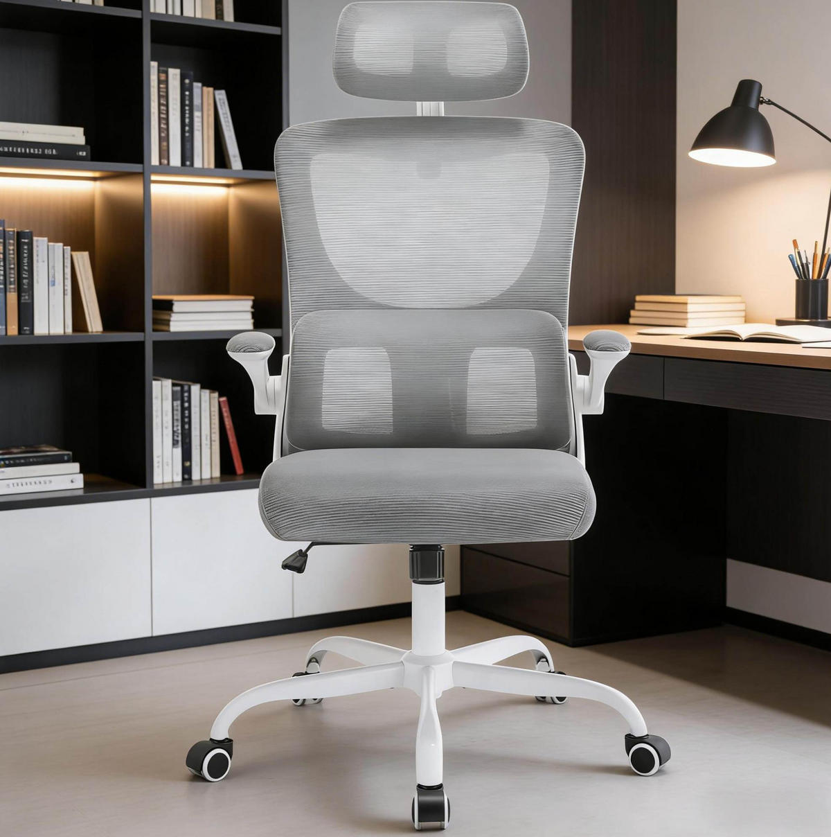 DREHSTUHL 69,5/62/116-123,5 cm grau aus Mesh, Metall und PU mit Armlehnen - Grau, Kunststoff (67.5/123.5/62cm) - OKWISH