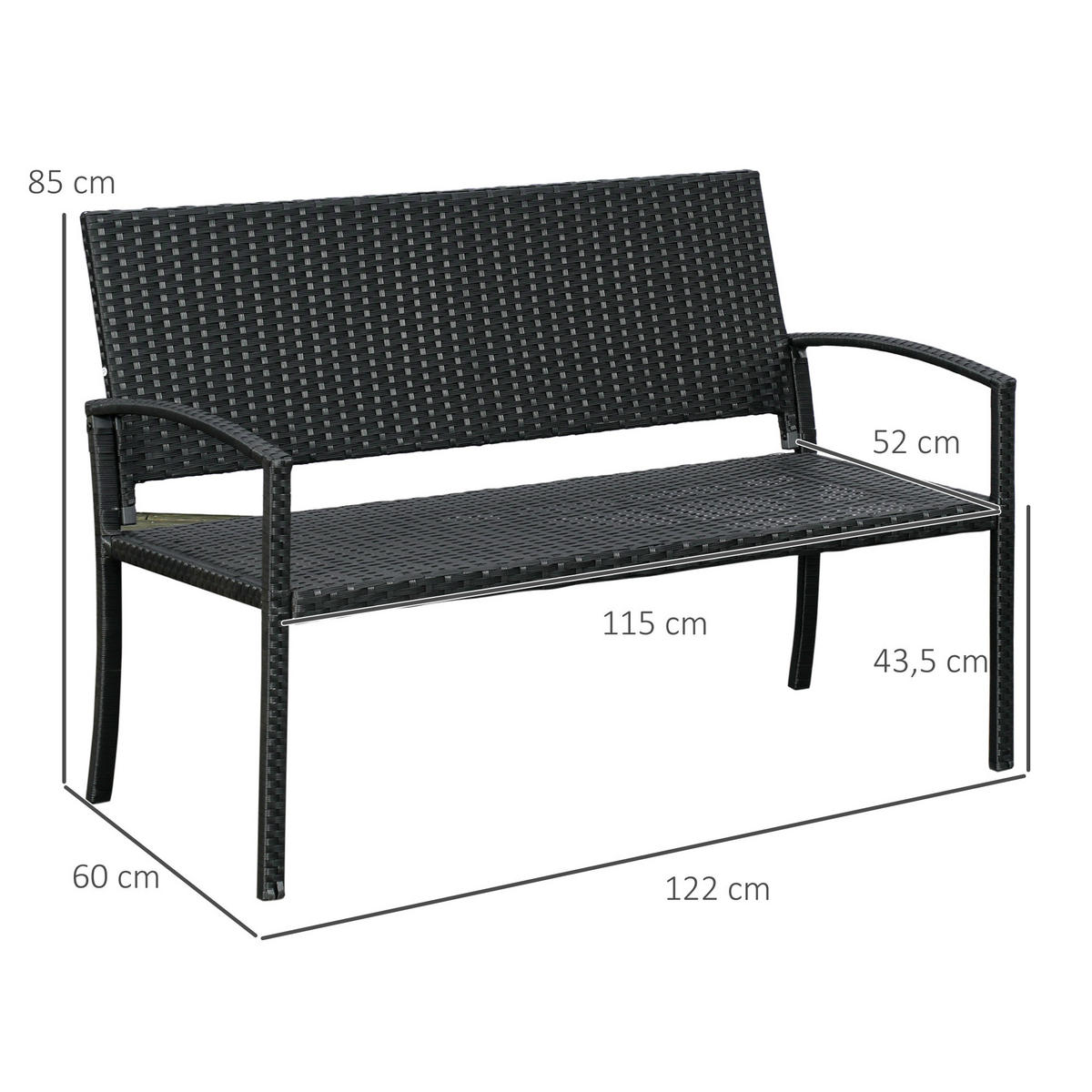 GARTENBANK für 2 Personen, bis 240 kg Belastbar, Schwarz, 122 x 60 x 85cm - Schwarz, Kunststoff (60/85/122cm) - Outsunny