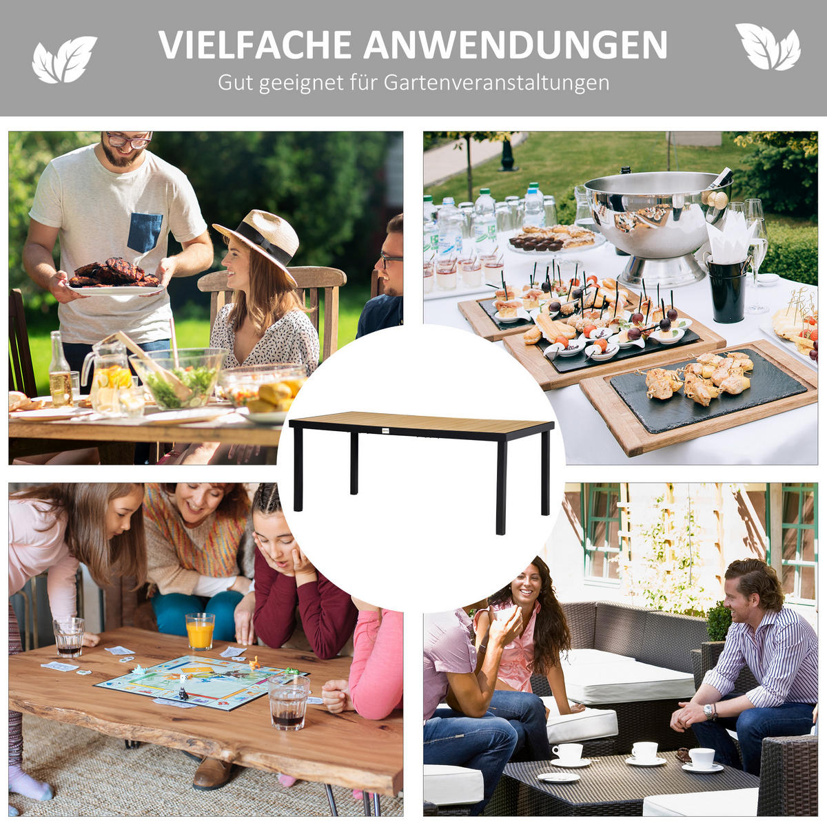 GARTENTISCH 190/90/74 cm für 8 Personen mit Holzoptik-Tischplatte und Aluminiumrahmen, Natur - Naturfarben, Metall (190/90/74cm) - Redom