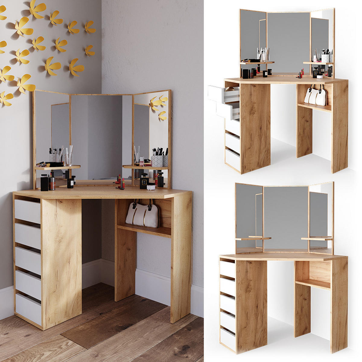 ECKSCHMINKTISCH Arielle Goldkraft Eiche 110 cm - Honigeiche, Holzwerkstoff (110/141.5/54cm) - Vicco