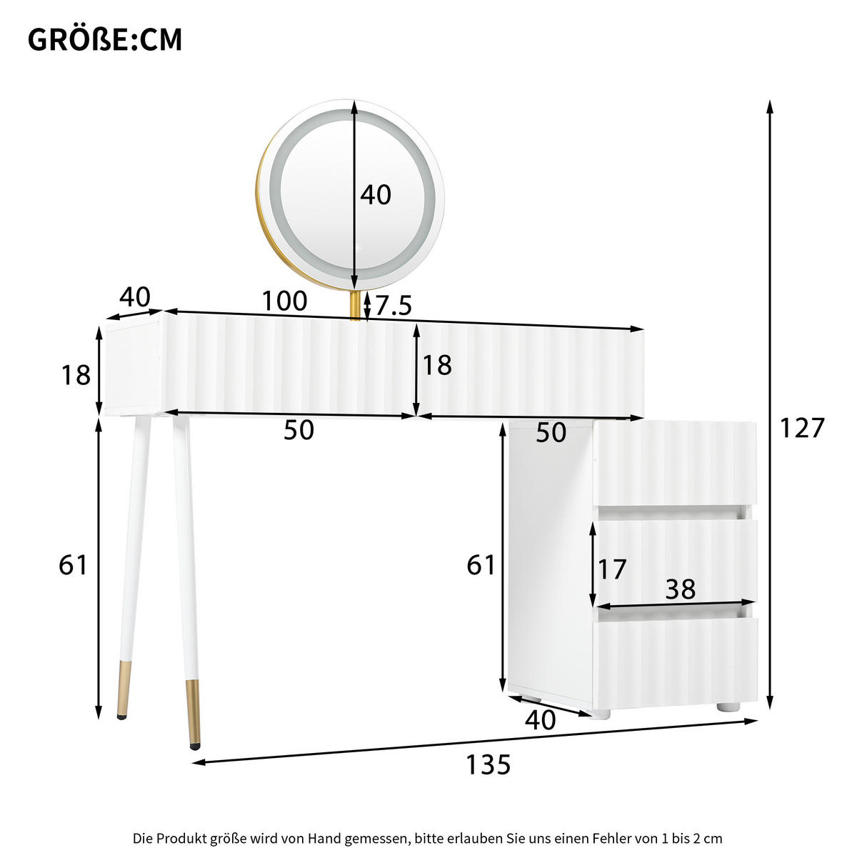 SCHMINKTISCH 100/40/127 cm mit LED-Spiegel, 5 Schubladen und flexiblem Seitenschrank, Weiß - Weiß, Holzwerkstoff (100/127/40cm) - Redom