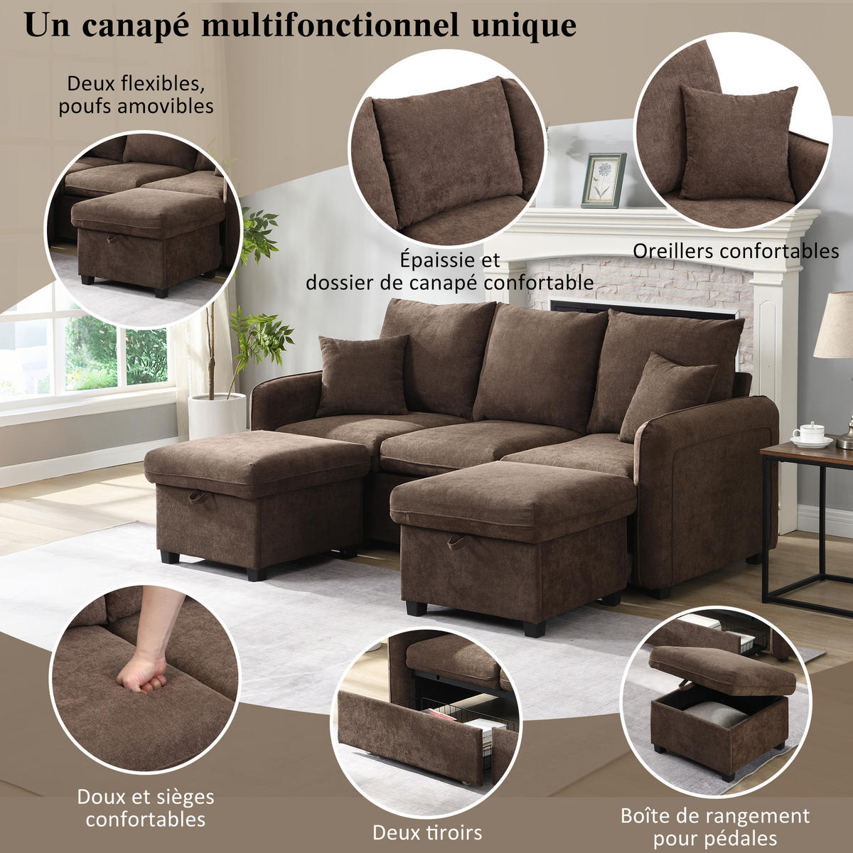 WOHNLANDSCHAFT U-Form 3-Sitzer Polster Schubladen Hocker Chenille - Braun, Holz (60/14/60cm) - FLIEKS