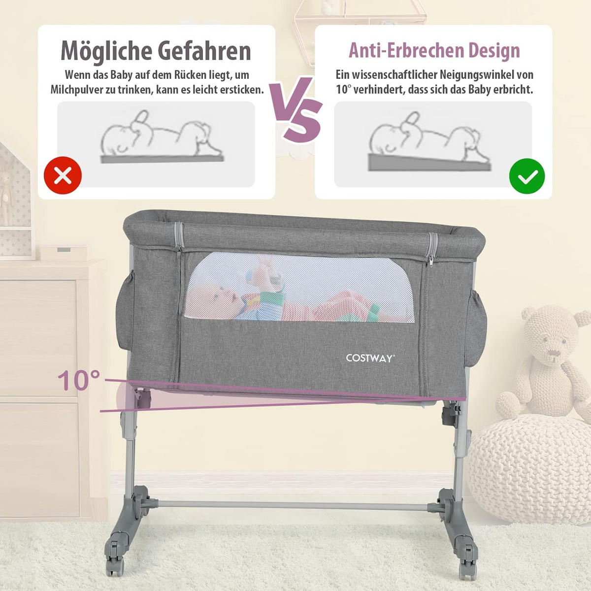 BABYBETT 3 in 1 Beistellbett Hellgrau - Dunkelgrau, Metall - COSTWAY