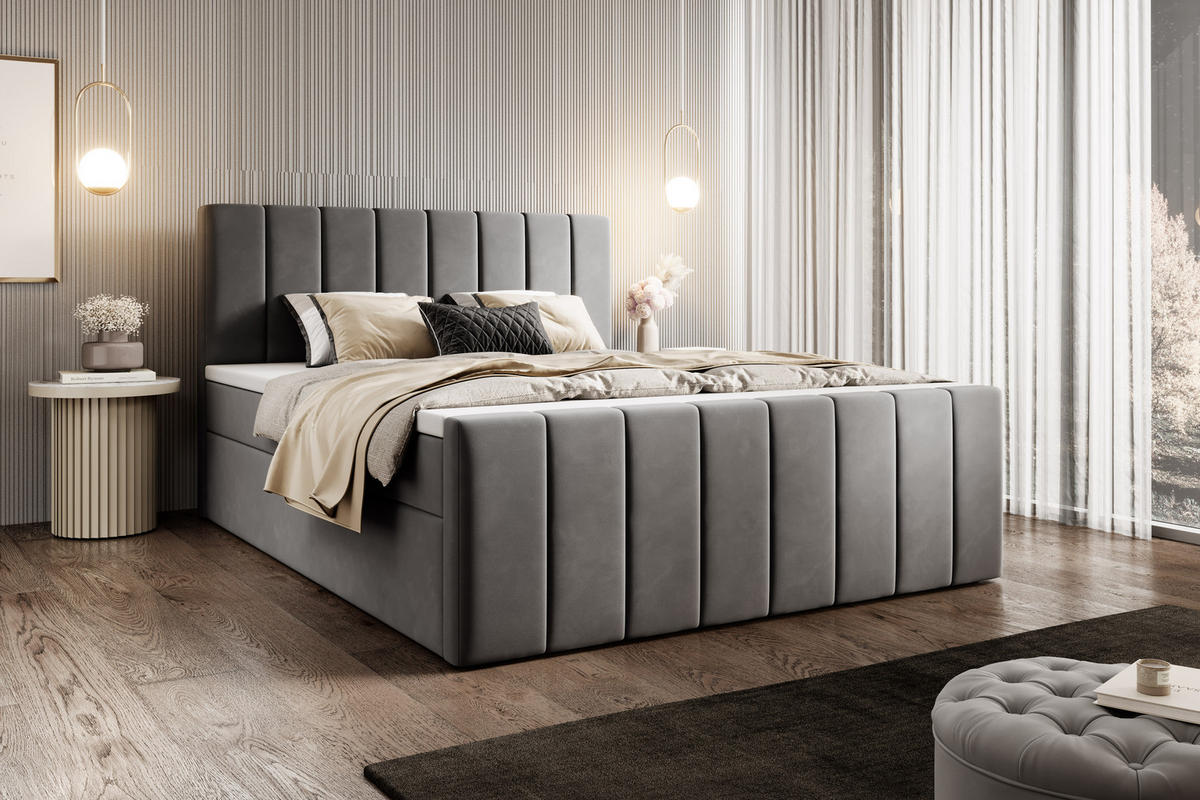 BOXSPRINGBETT Avelio mit Bettkasten, Grau Samt 140x200 cm – inkl. H3 Matratze und Topper - Schwarz/Grau, Holzwerkstoff/Kunststoff (140/200cm) - WFL GROUP