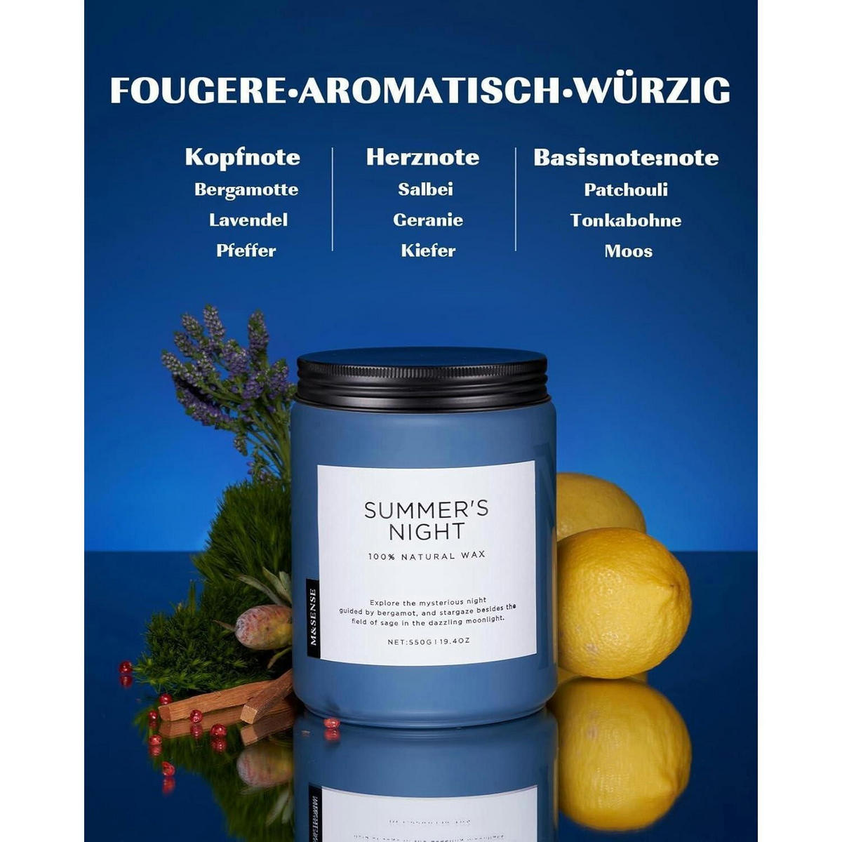 DUFTKERZE Sommernacht 550g Sojawachs mit 2 Dochten - Blau, Paraffin (13cm)