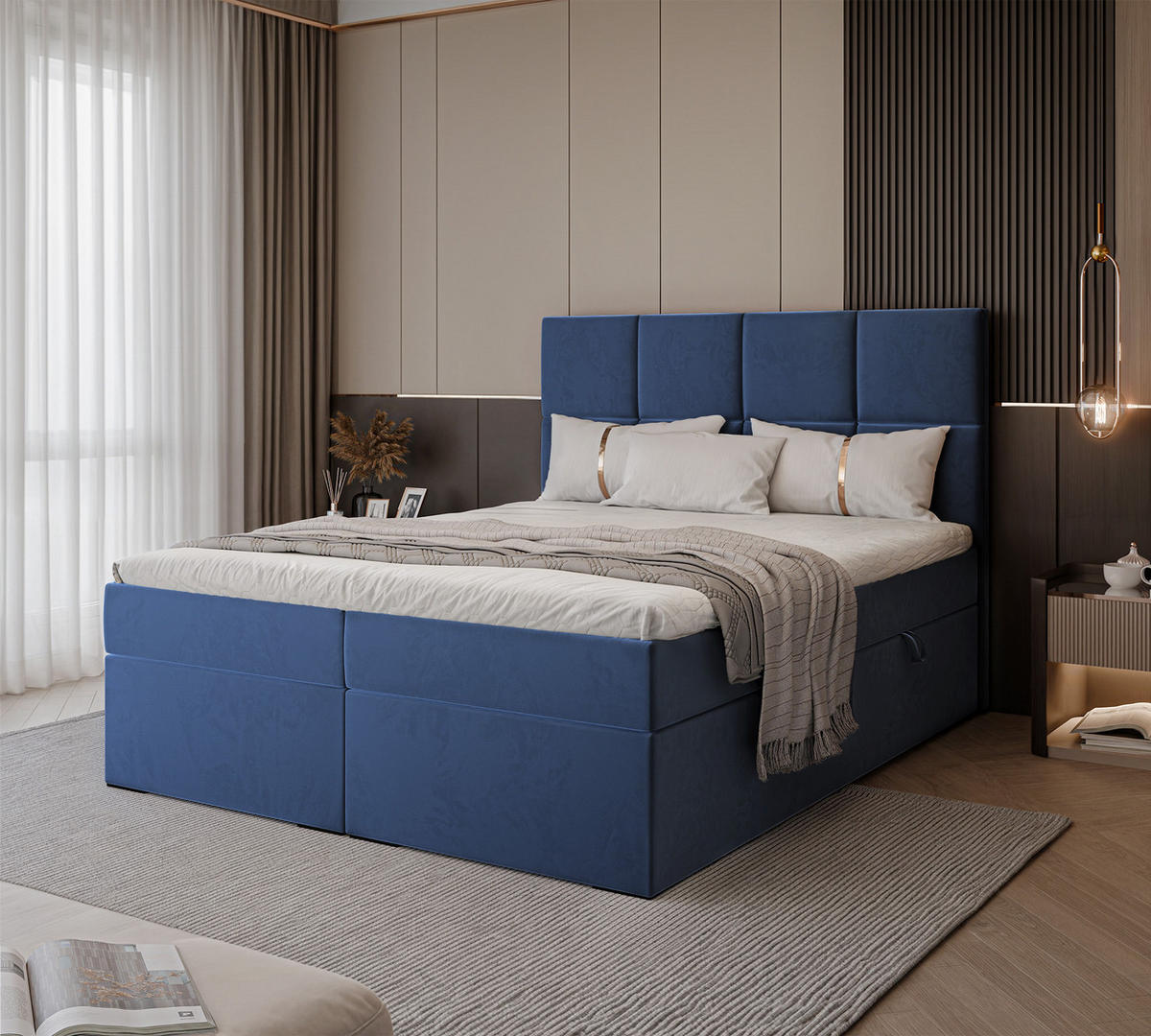 BOXBETT MAGNUS 200/200 cm mit Matratze und Topper, Marineblau - Dunkelblau, Textil (200/200cm) - Idohome