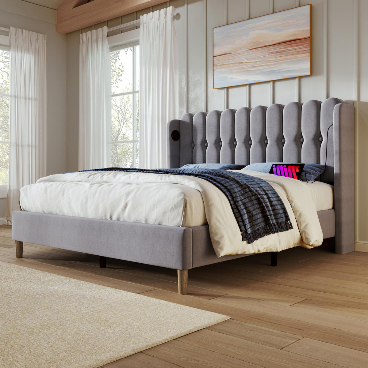 BETT mit USB und Typ-C 160x200 cm Leinen Grey - Grau, Metall (160/200cm) - Meubliv