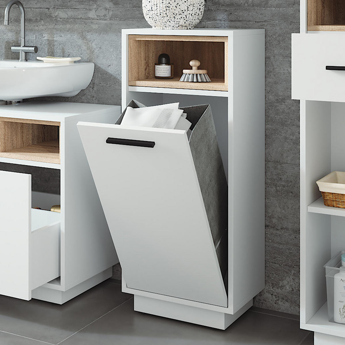 WÄSCHESCHRANK Beatrice Weiß/Sonoma 38 x 93 cm mit herausnehmbarer Innentasche - Weiß/Sonoma Eiche, Holzwerkstoff (38/93/30cm) - Vicco