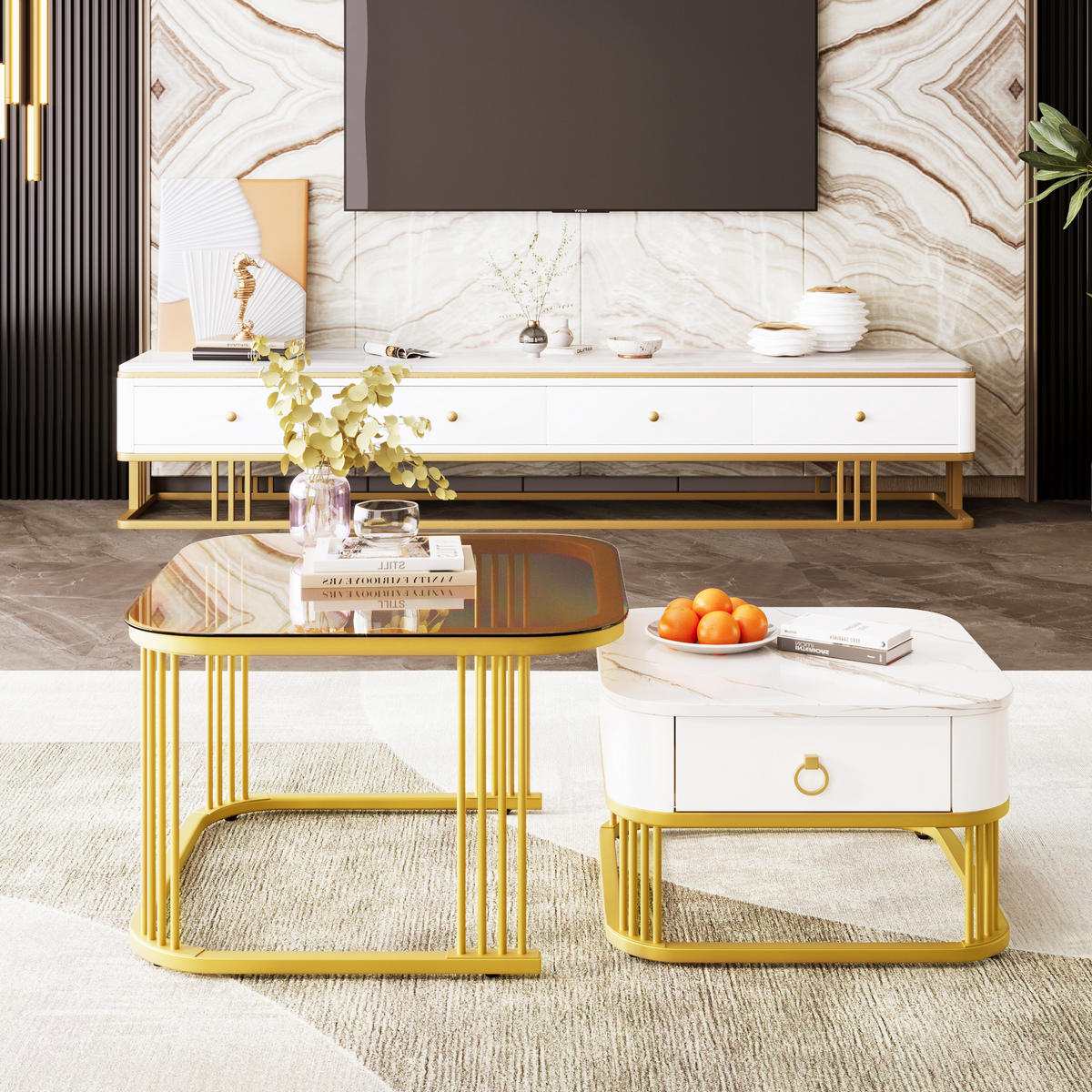 COUCHTISCH-SET, MDF Hochglanz-Marmoroptik, Goldakzente, mit Schublade, 60/60/42,5 + 50/50/34 cm, Weiß und Gold und Teebraun - Braun, Holzwerkstoff (60/60/42.5cm) - Redom