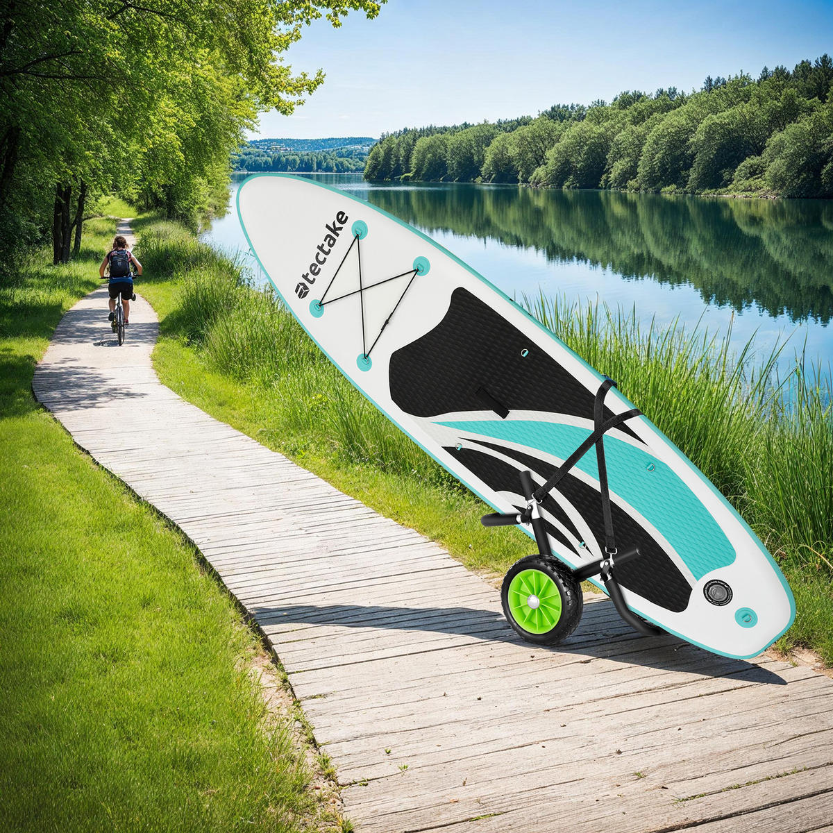 SURFBOARD TRANSPORTWAGEN Wavewheel,inkl. 2 Sicherungsgurte, 42 x 70 x 48,5 cm,schwarz/grün - Schwarz/Grün, Metall (42/70cm) - tectake