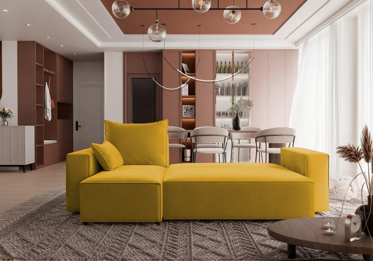 ECKSOFA Tobi mit Bettkasten und Schlaffunktion, L-Form, Velourstoff, Universal - Currygelb, Holzwerkstoff (246/145cm) - 4ALL HOME