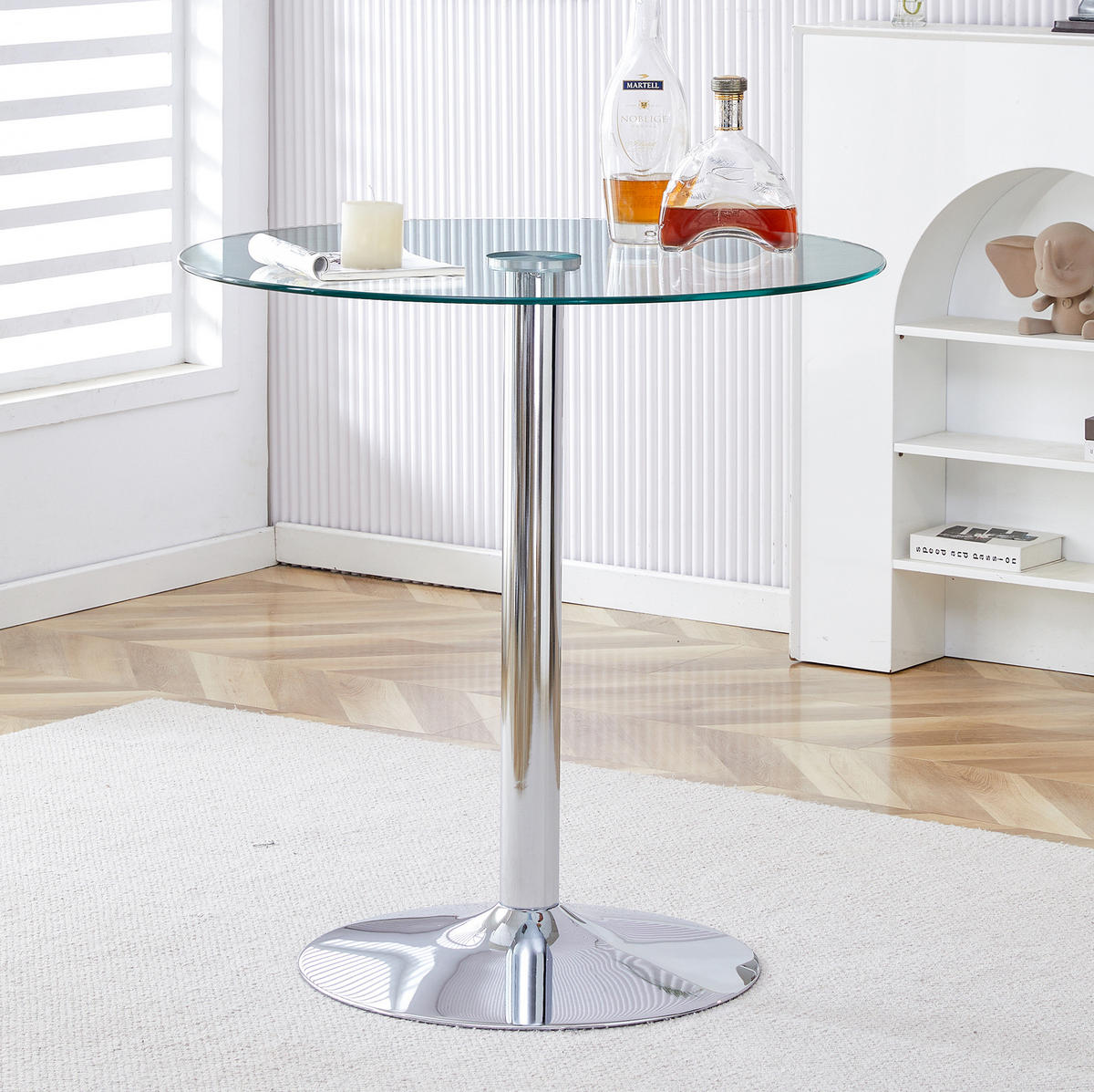RUNDER Bartisch 89/89/92 cm mit Glasplatte und silberfarbenem Metallgestell - Silberfarben, Glas (89/89/92cm) - BEAOK