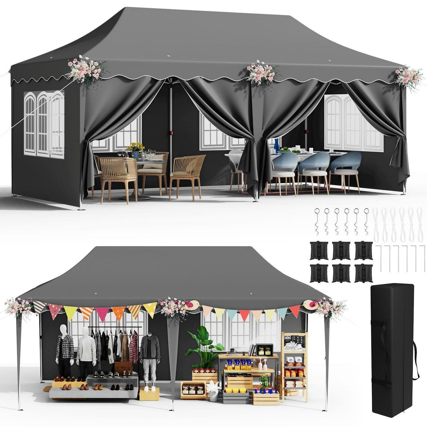 FALTPAVILLON 3x6 m Grau Wasserdicht mit 6 Seitenwänden, winterfest - Grau, Textil (300/310/600cm)