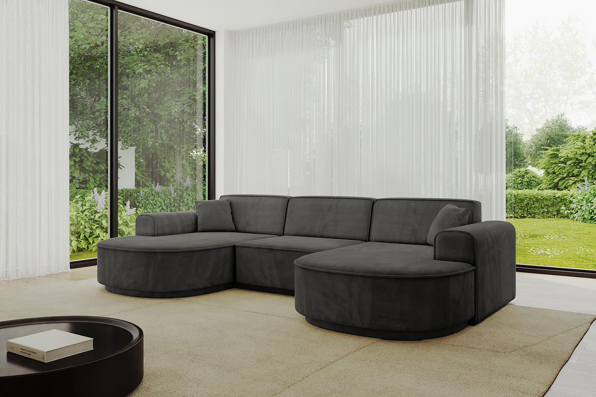 WOHNLANDSCHAFT MARI-U1-v3 - 303x171x83 cm Dunkelgrau Velours - Dunkelgrau/Schwarz, Holzwerkstoff/Kunststoff (303/83/171cm) - ALTDECOR