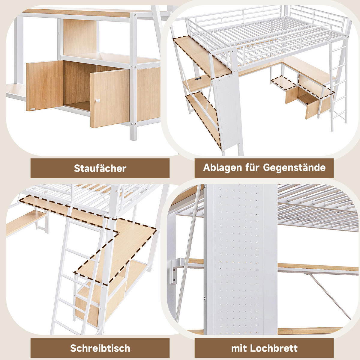 HOCHBETT 140/200 cm Weiß aus Metall mit LED, Schreibtisch und Stauraum - Weiß, Metall (140/200cm) - OKWISH
