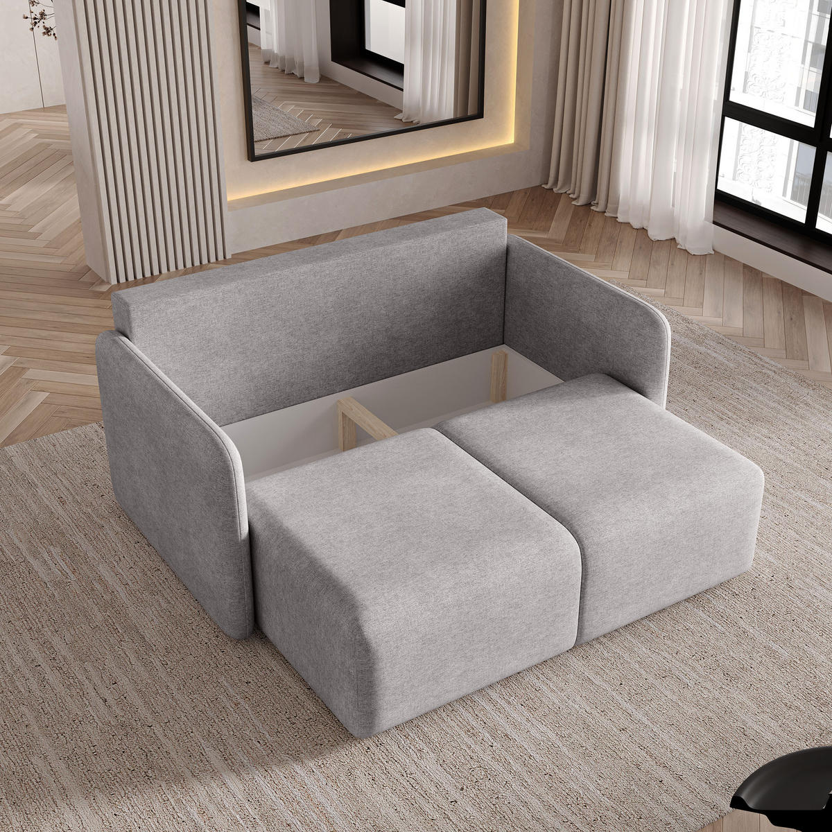 BETTSOFA SUVI II NV Hellgrau Geflochtener Stoff mit Schlaffunktion - Hellgrau, Textil (90/85/153cm) - MASSENO