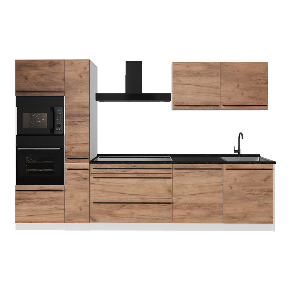 KÜCHENZEILE R-Line, Goldkraft Eiche/Weiß, 310 cm Arbeitsplatte Anthrazit - Honigeiche/Weiß, Holzwerkstoff (310/206.8/60cm) - Vicco