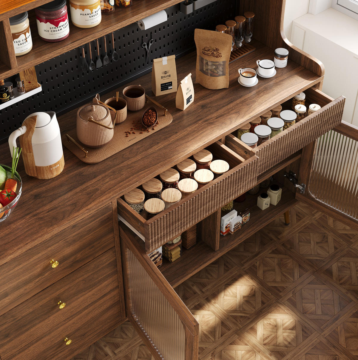 BUFFETSCHRANK 145/39/171 cm aus MDF und Glas mit Lift-up-Tür, RGB-LED-Beleuchtung, App-Steuerung und Lochwand, Walnuss - Walnussfarben, Holzwerkstoff (145/171/39cm) - Redom