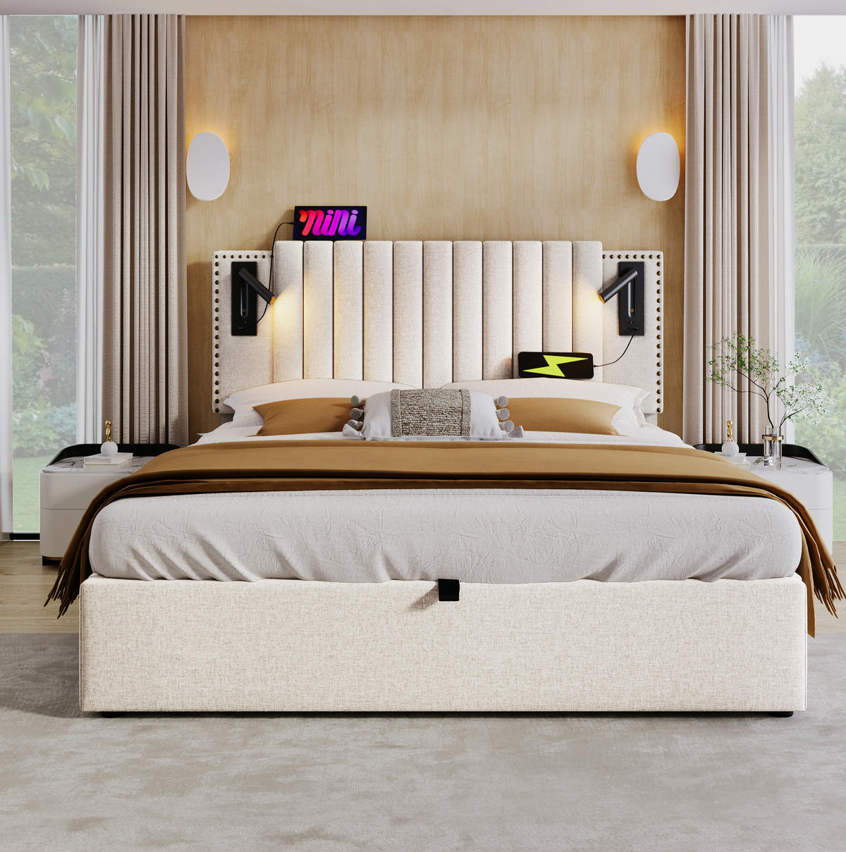 POLSTERBETT 160/200 cm Beige mit Bettkasten, Leselicht, USB und Matratze - Beige, Textil (160/200cm) - Flora Grace