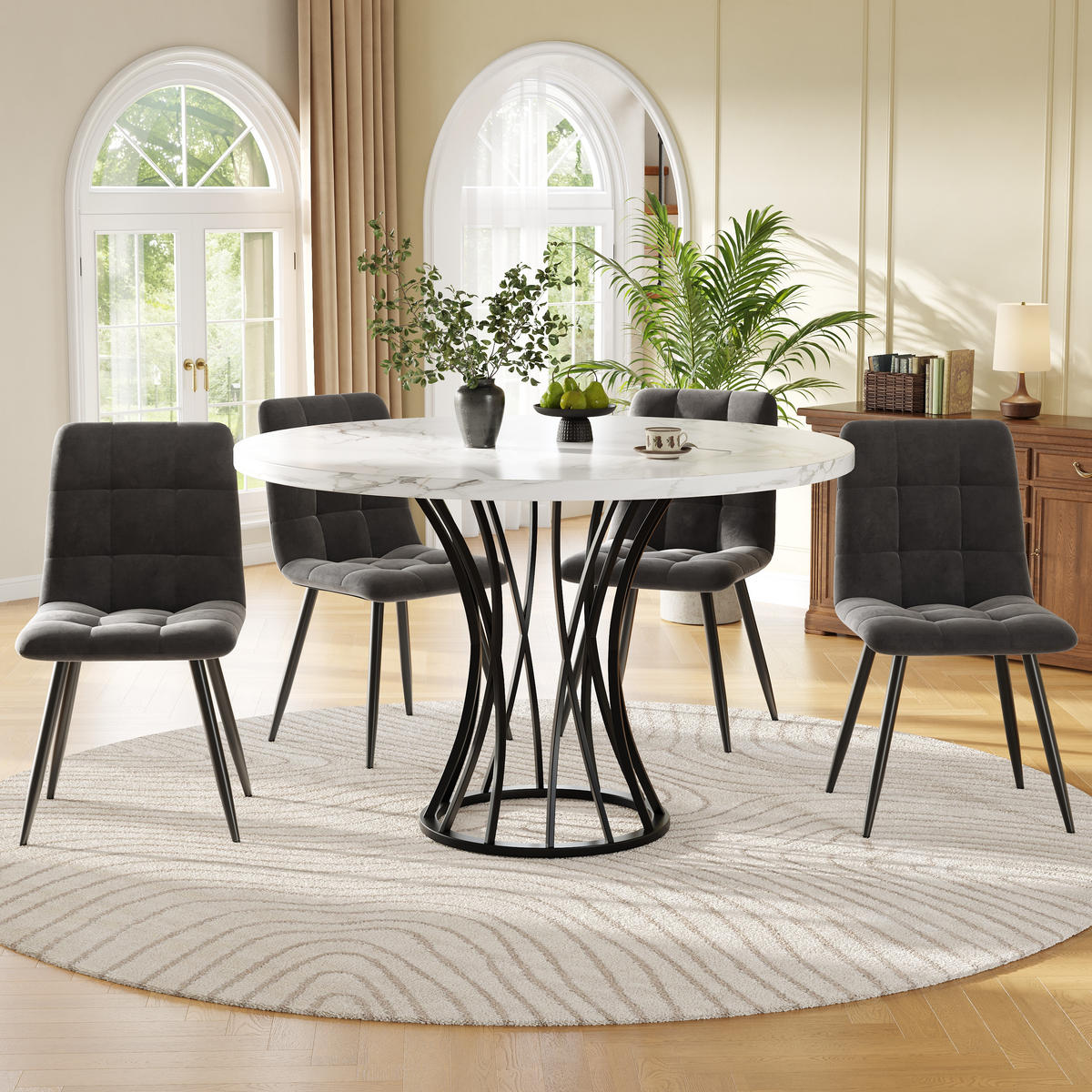 ESSTISCHSET 5-Teilig Rund 80 Cm, 4 Graue Samtstühle, Weiß Marmor, Schwarz - Schwarz, Metall (100/76/100cm) - FLIEKS
