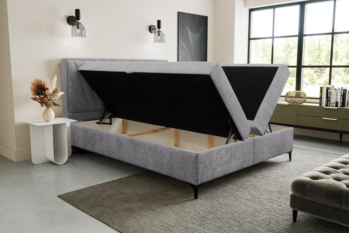 BOXBETT Cimone mit 2 Bettkästen, Maße: 140x200 cm, Farbe: Grau, Velourstoff, mit Bonell-Matratze inkl. Topper - Grau, Holz/Kunststoff (140/200cm) - VENASI MÖBEL