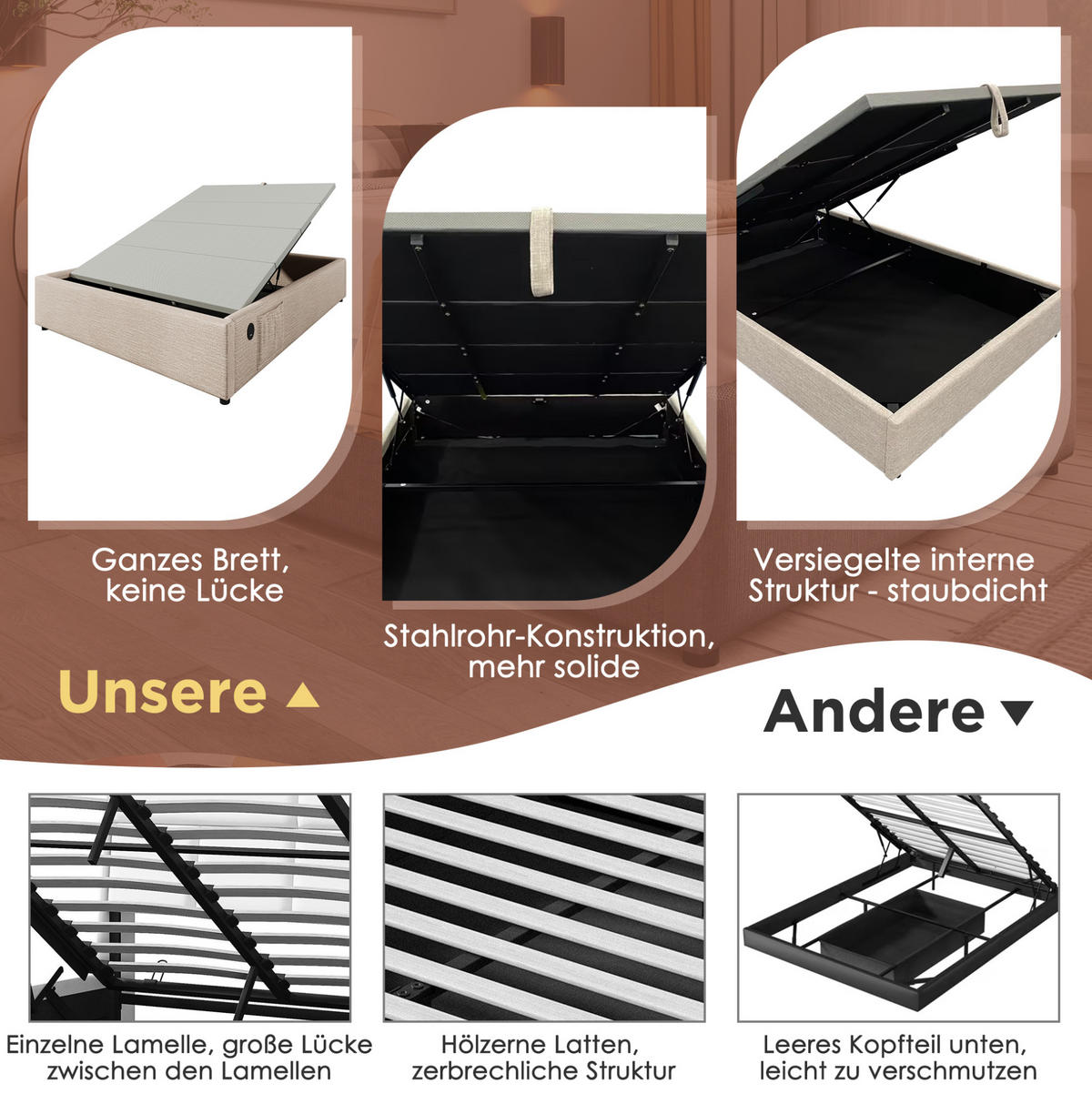 ČALOUNĚNÁ postel 140/200 cm béžová a přírodní z lnu, kovu a masivu s USB a úložným prostorem - béžová, textil (140/200cm) - OKWISH