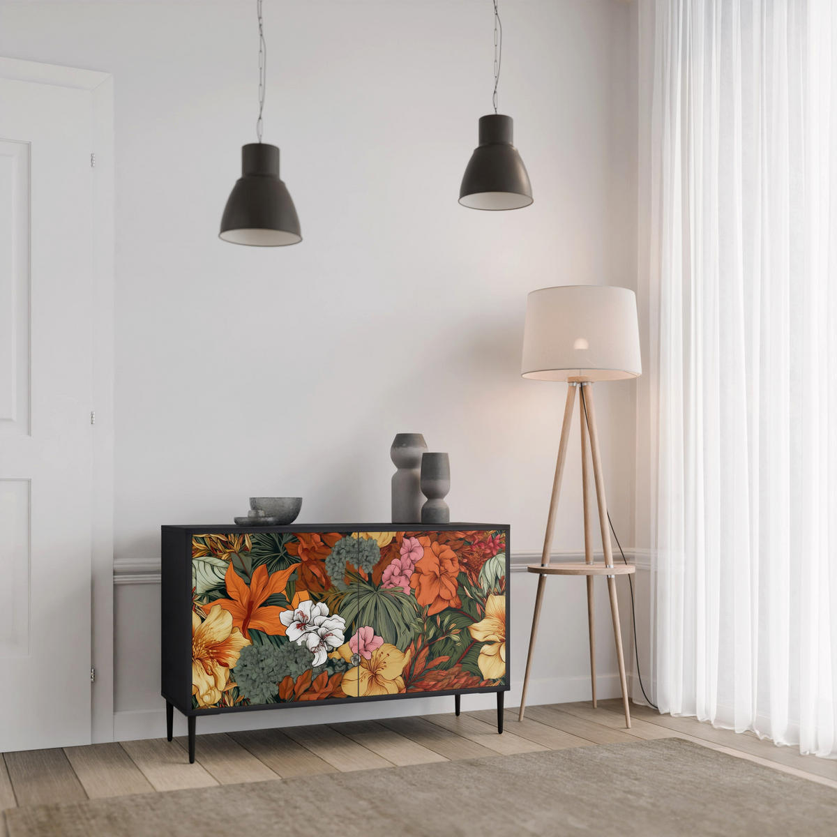 SIDEBOARD RADIANT FLORA, Eicheneffekt, 111x42x77,5 cm, 2 Türen - Eichefarben/Buchefarben, Holzwerkstoff/Buchenholz (111/77.5/42cm) - SpaceRebels
