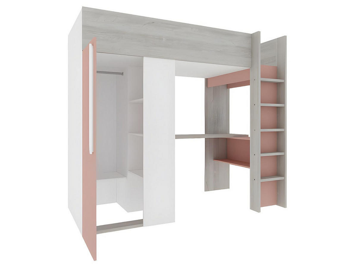 HOCHBETT mit Schreibtisch & Kleiderschrank + Matratze - 90 x 200 cm - Rosa & Weiß - NICOLAS - Pink, Holz (110/205.2cm) - Vente-Unique