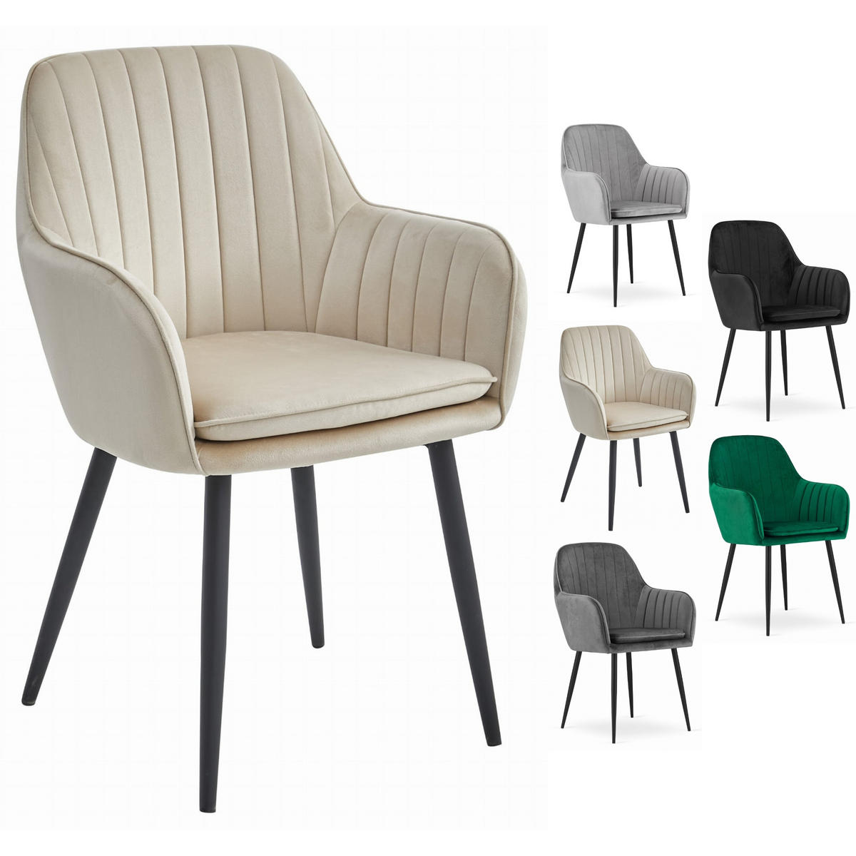 STUHL PRAIANO 6-er Set, Beige, Schwarz, mit Samtstoff gepolstert - Beige, Textil/Metall (58/87/57cm) - Komodee