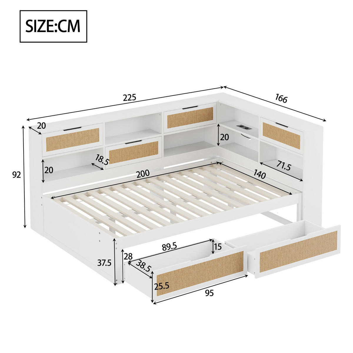 KINDERBETT aus Massivholz 140x200 cm in Weiß mit Stauraum & USB-Anschlüssen - Weiß, Holzwerkstoff (140/200cm) - Modfu