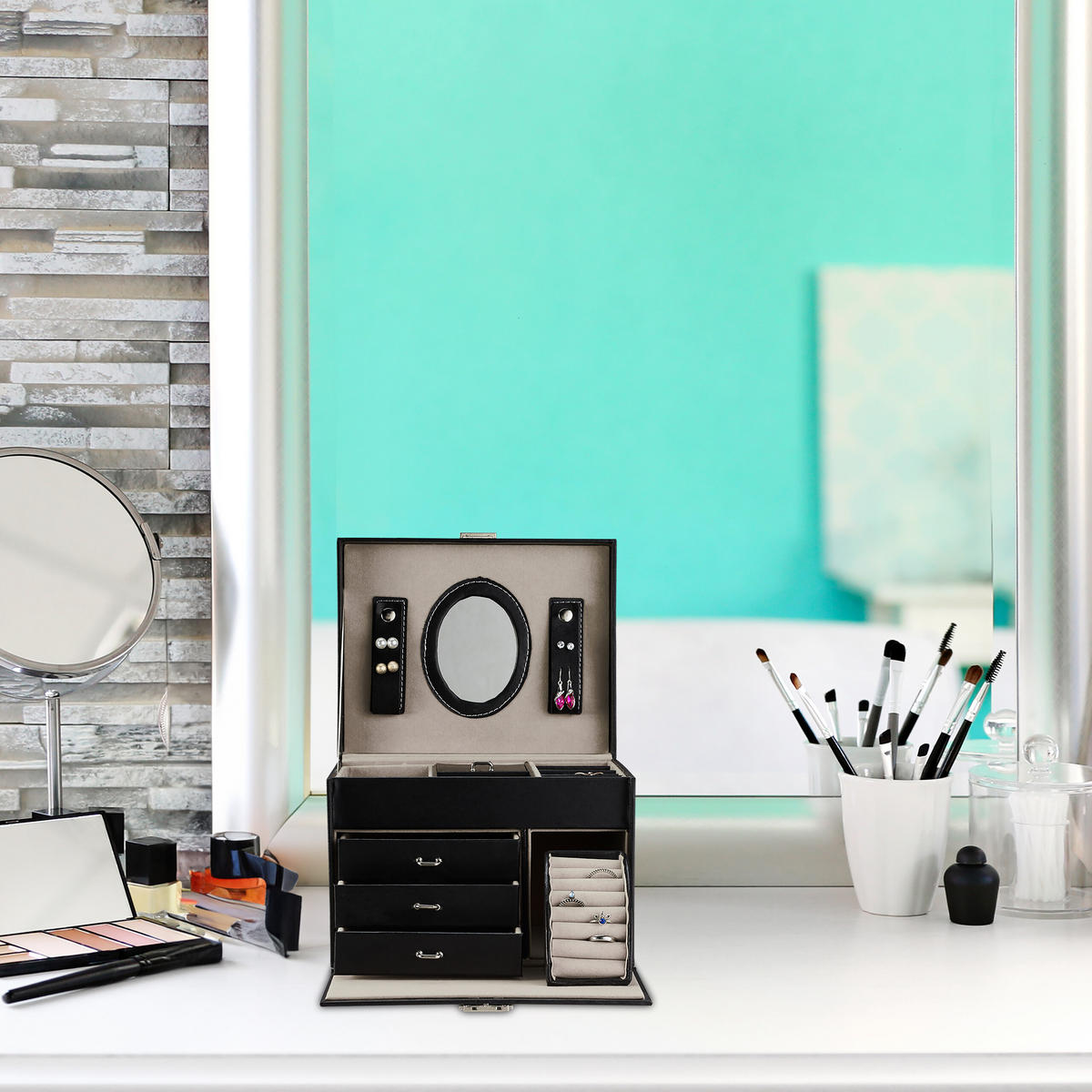 SCHMUCKKASTEN - Schwarz, Glas/Kunststoff (24/18.5/19cm) - Relaxdays