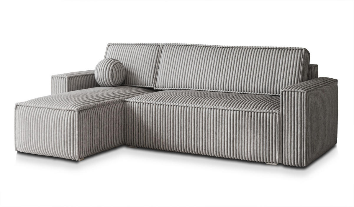 ECKSOFA RAVELO T Hellgrau Kordstoff mit Schlaffunktion - Hellgrau, Holz (240/140cm) - MASSENO